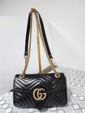Authentic GUCCI Calfskin Matelasse Large GG Marmont Shoulder Bag Black
